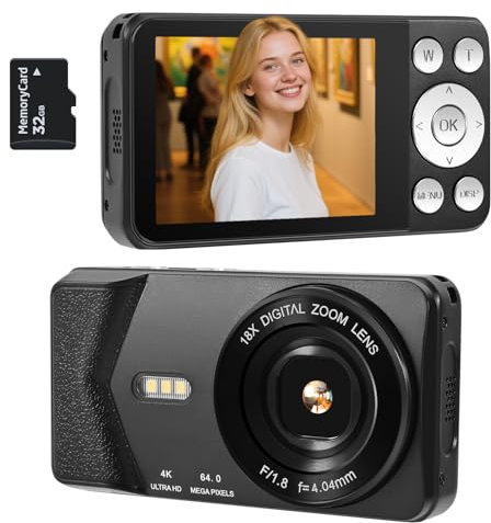 Appareil photo numérique 4K UHD, caméra de vlogging autofocus 64 MP, zoom 18x, appareil photo numérique compact avec anti-secousses et batterie intégrée, petite caméra de voyage pour adultes