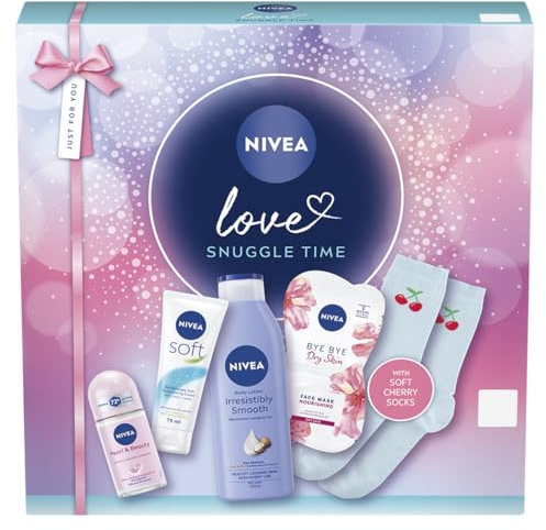 NIVEA Love Snuggle Time Gift Set (5 Products) – Women's Gift Set – Includes Body Lotion, Face Sheet Mask, Moisturising Cream and Anti-Perspirant – with Pair of Socks