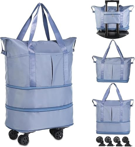 Bolsa de compras con ruedas, bolsa de compras con ruedas, bolsa de lona plegable expandible para viajes, equipaje de mano, gran fin de semana para mujeres y hombres, azul