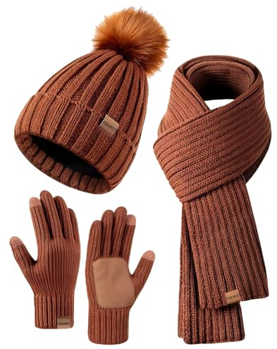 INLANDSIS Mössa halsduk och handskar set för kvinnor damer presentset mössa hattar med pom pom varm termisk fleece fodrad, pekskärm handskar lång halsduk 3 st vinterset, Brun, en storlek