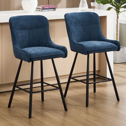 Ya-Home Tabouret de Bar Lot de 2 en Chenille Chaise de Bar avec Pied Métal, Tabouret Haut Cuisine Moderne pour Îlot de Cuisine/Café/Restaurant/Bar, Bleu