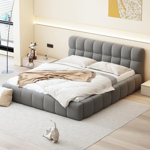 BLSYHDH Cama doble acolchada 160 x 200, CAMA Capitonada, Cama Burbuja con somier de láminas, Camas para 2 personas, Camas para adultos (Gris+Lin, 160 x 200)
