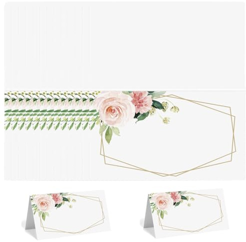 YAZWUR 50 unidades Tarjetas con diseño de flores primaverales, escribir nombres a mano, Lugar Decoración de Mesa, Plegables en Blanco, Marcasitios Personalizados (100x90mm)