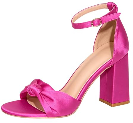 Women's Elegant Sandals with Open Toe, Silk Satin Bow, Strap and Block Heel, Fashionable and Versatile High Heels for Banquets, Glitter Shoes, Women's Pumps, Hot Pink, 4 UK