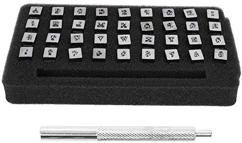 37Pcs Leathercraft Juego de perforaciones de sellos numéricos y letras de metal, A-Z Letras del alfabeto 0-9 Números Herramienta de sello 3 mm + 1 Mango de estampado para artesanía en cuero