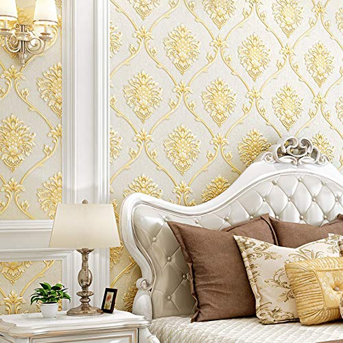 Q QIHANG European Simple Style 3D Damask Pattern PVC Wallpaper Waterproof Bedroom Living Room TV Background Wall Clothing Store Beauty Salon 20.87 Wx393.7 L Non-Pasted (Beige)