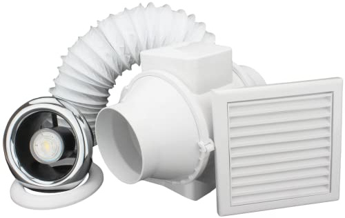 VENTS 100 mm (4”) Inline Bathroom Extractor Fan Kit with Run-On Timer – Quiet Loft Ventilation System with LED Ceiling Light & Flexible Ducting