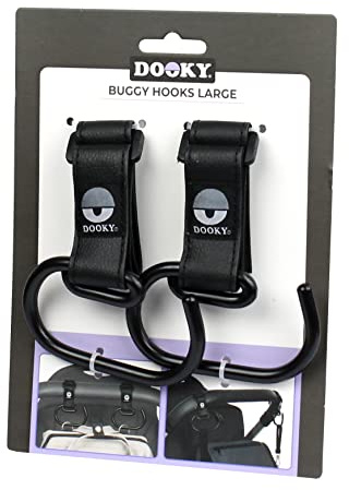 Dooky - Kinderwagen Haken Large, 2 Stück - Kinderwagenhaken Buggy für Taschen, Kinderwagen Clips Anhänger Taschenhaken - Aluminium - Schwarz - Universelle Passform