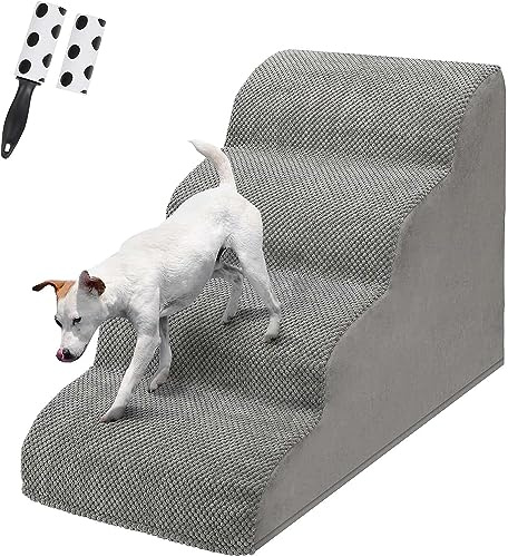 LIANTRAL Escalera y Rampa para Perros para Cama o Sofá, 4 peldaños de Espuma Alta Densidad con Funda Lavable y Rodillo de Pelusa, Escalera para Perros Pequeños, Gatos y Mascotas Mayores, Gris
