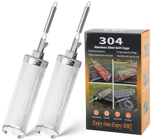 Lxoraziy 2 Pièces Rolling Grillkorb, 30CM Grilling Basket Edelstahl Grill Korb mit Griff, Zylindrischer Grillkorb für Außengrill Gemüse, Fisch, Fleisch, Grillen