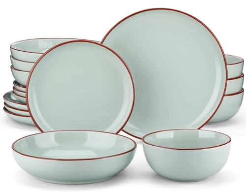 vancasso Nymph Service De Table 16 Pièces, Brown Design Set De Table En Grès Edge, 4 Assiettes Plates, 4 Assiettes À Dessert, 4 Assiettes Creuses Et 4 Bols À Céréales, Vert Jade