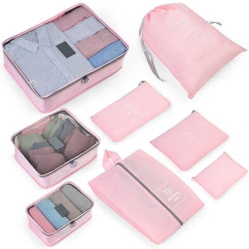 OTraki Koffer Organizer Set, 8 Teilige Packing Cubes Kosmetik Kleidertaschen Kofferorganizer für Urlaub und Reisen Packwürfel Set Reise Würfel Ordnungssystem für Koffer Rosa