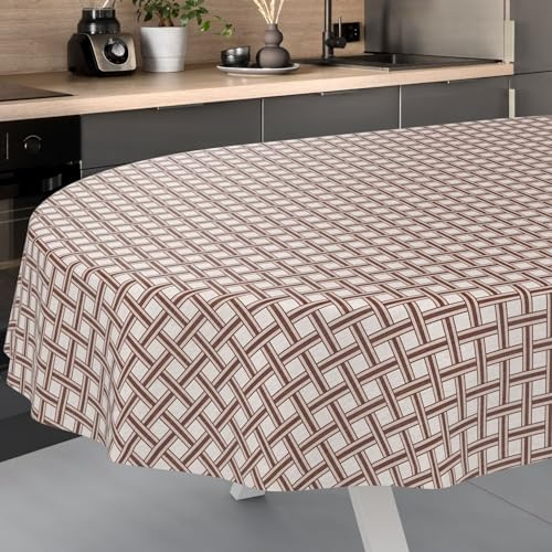 ANRO Nappe en Toile cirée, Lavable, pour Table de Jardin, extérieur et intérieur, Ovale, Bord coupé, Carreaux Beiges, 200 x 140 cm