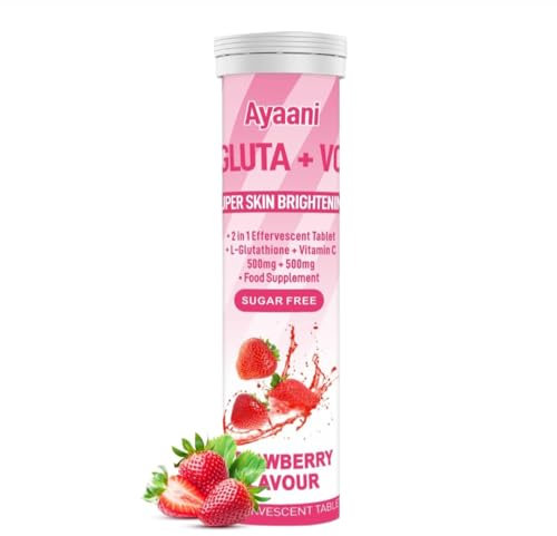 Ayaani Glow Glutathione & Vitamin C Effervescent Tablets - 500mg Each, Sugar-Free Antioxidant Drink for Skin Brightening & Glowing Skin, Strawberry Flavour, 20 Vegan Tablets
