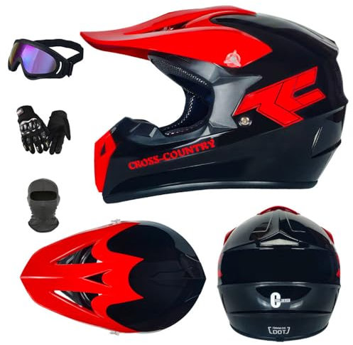SMTSEC Motorradhelm Cross Kinder Erwachsene Full Face MTB Helm ATV Motocross Helm Damen Herren Mit Schutzbrillen Maske Handschuhe Downhill Helm Mopedhelm Schutzhelm Für Cruiser Chopper,Red/A-M