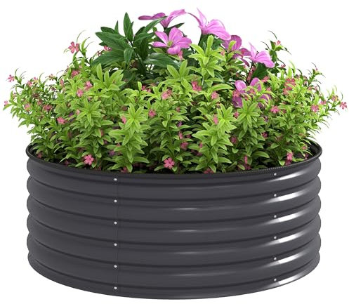 Outsunny Galvanised Raised Garden Bed with Safety Edging, Outdoor Raised Planter Box with Gloves and Open Bottom, Metal Raised Bed for Flowers, Vegetables and Herbs, 120 x 120 x 43cm, Dark Grey