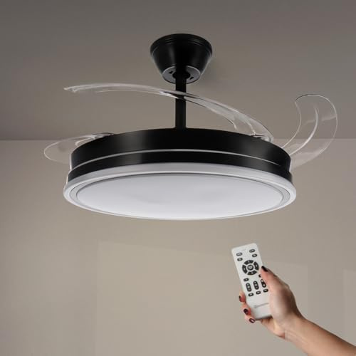 M mimotec - Ventilatore da Soffitto Black Olga LED 66W con Luce CCT Regolabile e Intensità Variabile, Motore DC 30W + LED 36W, Silenzioso, 6 Velocità, 4 Pale Retrattili, Timer
