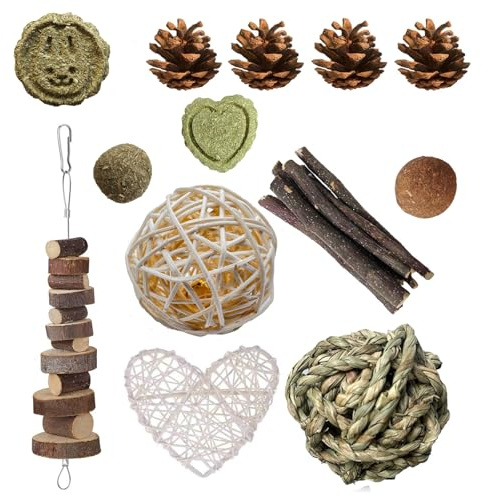 13 Pièces Jouet pour Lapin, Jouets à Mâcher pour Hamster, Jouets pour Petits Animaux, Jouet à Mâcher Timothy Hay Naturel, Bâtons de Bois de Pommier, pour Lapins, Cochons Inde,Chinchillas