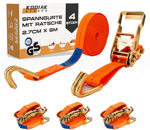 4 Stycken Spännremmar 6m x 1500kg med Spärrhake och Krok - 27mm Surrband med Spännbroms - Orange Spännbandsrem för Lastsäkring - TÜV/GS-certifierad, enligt DIN EN 12195-2 - KODIAK STRAPS