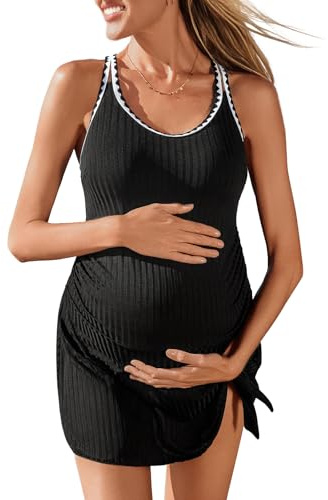 Summer Mae Ribbed Maternity One Piece Swim Dress Pregnancy Swimsuit with Built-in Bottom Swimwear Tie Knot Skirt Bathing Suit Dark 12