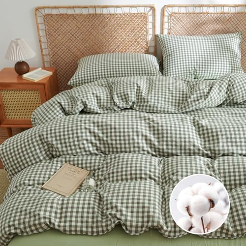 AShanlan Ropa de cama de algodón 155 x 220 cm, diseño a cuadros, color verde, funda nórdica de 155 x 220 cm, funda nórdica con funda de almohada de 80 x 80 cm, con aspecto de lino, certificado Öko-Tex