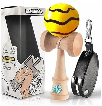 ASOLAND Kendama – Jouet en Bois Traditionnel – Bilboquet Japonais pour Enfants & Adultes – Améliore Les Réflexes et la Dextérité – Kit Complet pour Professionnels & Débutants Jaune à Rayure Noir