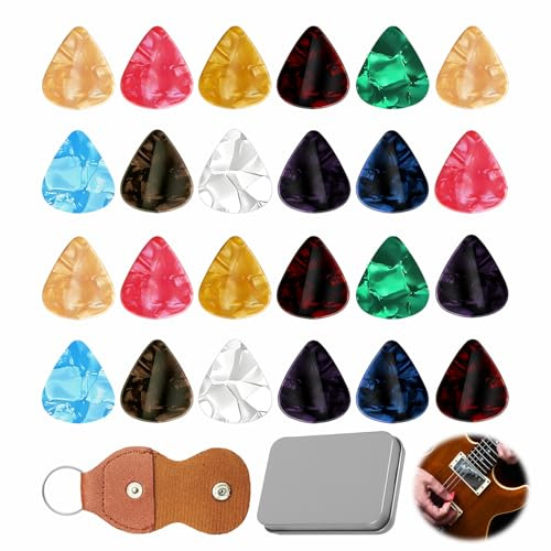 Uppsättning av 24 plektrum, plektrum med 0,5/0,75/1,0/1,2 mm i 4 olika tjocklekar celluloid gitarrplektrum flerfärgade plektrum gitarr celluloid gitarrplektrum för akustisk gitarr elgitarr bas