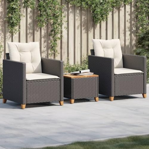 Yunovire Ensemble de bistro 3 pièces en polyrotin et bois d'acacia avec coussins, résistant aux UV, pour jardin, balcon, terrasse, 61 x 67 x 69 cm