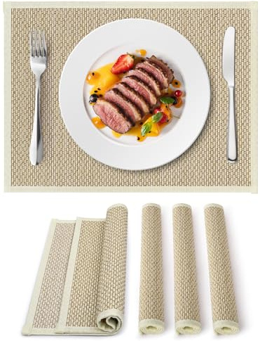 fanquare Bamboo Placemats Set of 4, Rustic Rectangle Braided Place Mats | White Fabric Border Wipeable Heat Resistant Tablemats for Kitchen Dining Room 40*30cm
