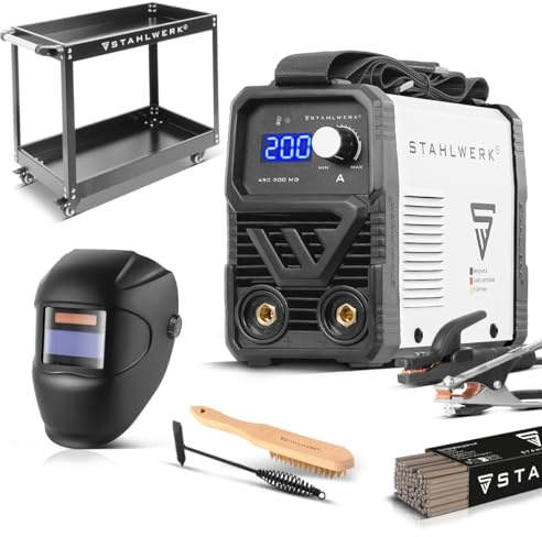 STAHLWERK Soldadora de electrodos ARC 200 MD – Equipo completo con carro – MMA (Electrodo) 200 A, uso flexible sin gas, compacta y ligera, refrigeración inteligente, Hotstart, función Anti-Stick