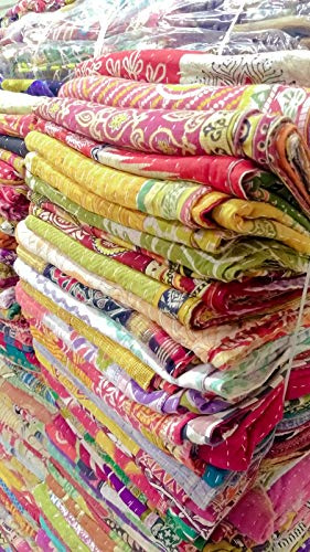 Mycrafts Indian Wholesale Kantha Quilt Lot 5 PCs Tribal Kantha Quilt Vintage Handmade Blanket Patch Kantha Throw Hippie Bohemian Old Saree Made Kantha Rally Twin