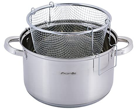 Frittiertopf 6 L aus EDELSTAHL mit Glasdeckel Nudeltopf Pommestopf Pastatopf Induktion Korb Fritteuse Ø24 Friteuse Frites Frittierpfanne Fritöse Fritteuse Pommes Topf