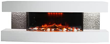 AuraHome ® White 48 inch Wide 2000w Electric Feature Fireplace Concave Suite with LED 3D Flame Log & Pebble Fuel Bed, Decorative Sides, Flame Brightness Adjustment A Stunning piece