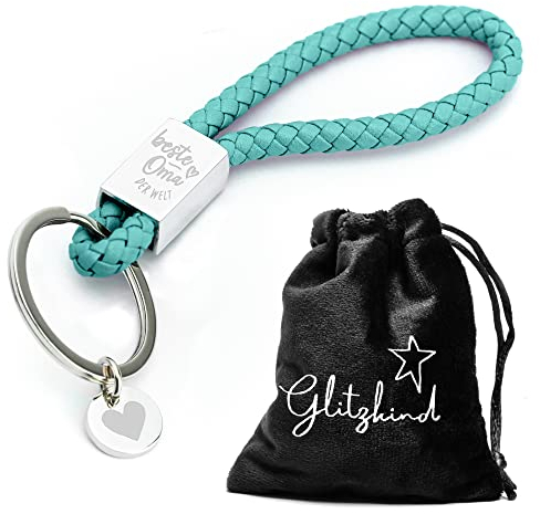 Glitzkind Schlüsselanhänger mit Gravur »Beste Oma« | Herz Anhänger Geschenk Geschenkidee für Geburtstag Weihnachten Ostern | Türkis Silber