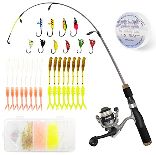 Aventik Ultralight Ice Fishing Rod and Reel Combo 26/28/30/32 inch Medium Light Fast Action Multi-Species Ice Fishing Combos for Walleye Perch Panfish (Hollow Rod Kit, 26'')