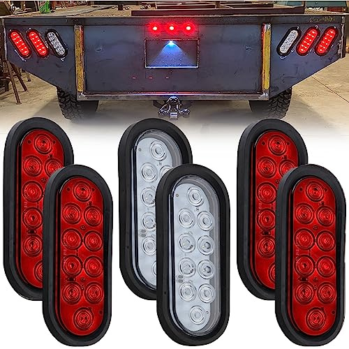 Partswcgg 4 Red + 2 White 6 Inch Oval LED Trailer Tail Backup Lights 10LED
