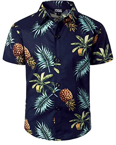 JOGAL Ragazzi Manica Corta Camicia Hawaii Cotone Estate Tempo Libero Camicie, Foglie di ananas marino, 10 anni