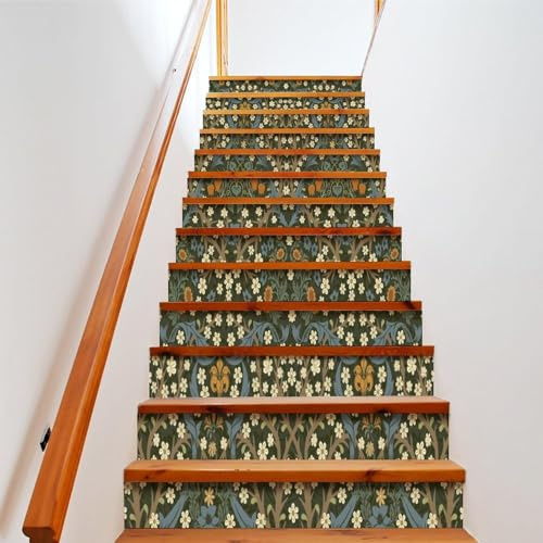 Brebasf Vintage Mid Century Floral Self Adhesive Waterproof Stair Riser Staircase,Abstract Green Garden Flower William Morris Art Peel Stick Stickers 7.1W x39.4L x1 Set