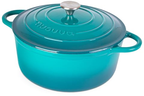 Nuovva Enamelled Cast Iron Dutch Oven Pot with Lid – 6.4 Quart Non Stick Casserole Pot – Heavy Duty & Oven Safe up to 500° F for Bread Baking, Braising, Stews, Roasting – 28cm Teal