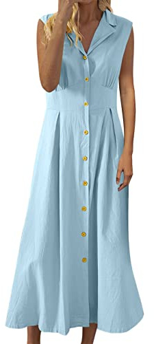 Vestido camisero para mujer - algodón y lino, vestido de botones funky maxi vestidos para mujer, vestido vintage de líneas A, sin mangas, vestido de verano para mujer, vestido de verano midi con