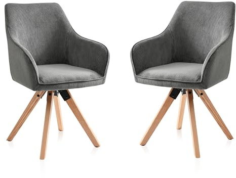 KHG Esszimmerstühle drehbar 2er Set, Drehstuhl mit Armlehnen Cord Grau, Stuhlbeine Holz Esche, Küchenstuhl, Polsterstuhl, Essstuhl, Armlehnstuhl, für Esszimmer Küche Büro