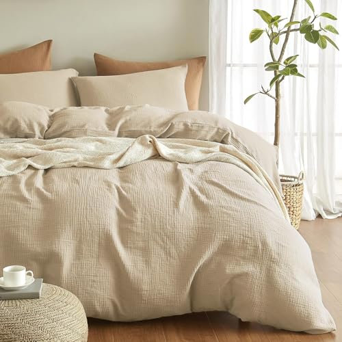 Boqingzhu Muslin Bettwäsche 200×220 cm Baumwolle Beige Braun Sommerbettwäsche Weich Kühlend Atmungsaktiv Sommer Bettbezug Doppelbett und Kissenbezug mit Reißverschluss