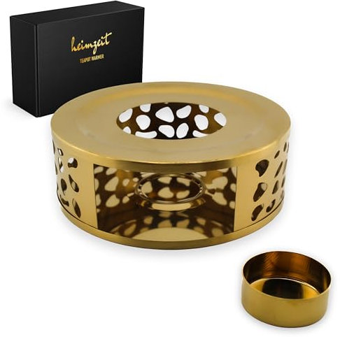 heimzeit Stövchen für Teekannen und Kaffeekannen aus hochwertigem Edelstahl [Ø 15 cm, Gold] Teewärmer mit Teelichthalter im stilvollen Design, Teestövchen kratzfrei und für alle Größen