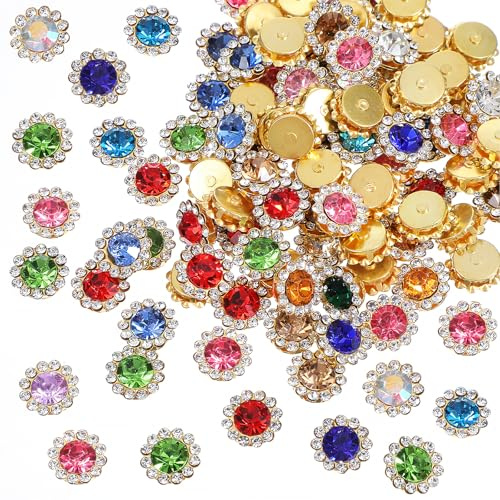 100PCS 12mm Sew on Rhinestones for Clothes, Wedding Sequins Glass Metal Base, Flower Claw Gems Embellishments Jewels for Crafts DIY Clothes Shoes Earring Belt Crafts Sewing Accessories (Multicolor)