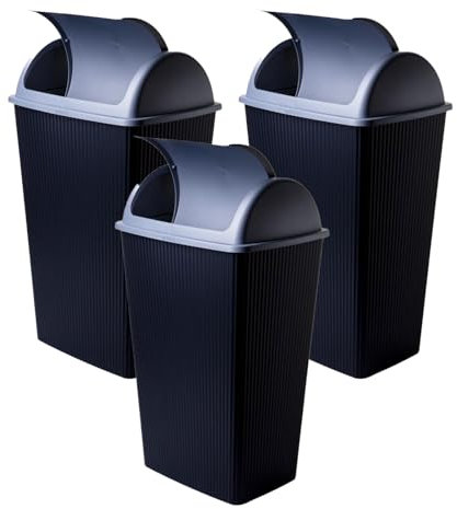 SUSTANIA Lot de 3 poubelles de cuisine, 50 l, avec couvercle basculant, 65 x 38 x 26 cm, robuste, en plastique recyclable, noir/argenté, fabriquées en UE
