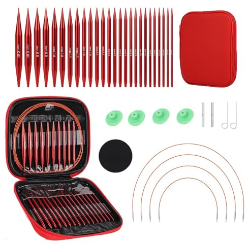 13 Paires Aiguilles Circulaires Tricot Interchangeable,Ensemble d'Aiguilles Circulaires Tricot,Aiguilles à Tricoter Circulaires en Aluminium avec poignées ergonomique (red)