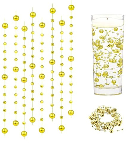 XJLyaya Cuerdas de Perlas para Velas Flotantes, 1,2M 24 Tiras Guirnalda De Perlas Artificiales, Cadena de Perla Alambre, Cadena De Perla Artificiales, Adecuado para Jarrones, Hecho a Mano (Dorado)