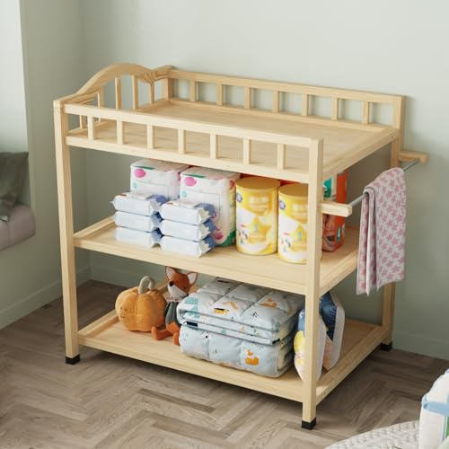 Caldion Table à Langer bébé Commode à Langer Plan à Langer pour Commode Table à Langer pour bébé avec étagère Etagère à Langer Tringle à vêtements en Acier pin 83x60x89cm