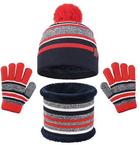 Ensemble bonnet écharpe gants ensemble garçon hiver enfant bonnet, écharpe gants, ensemble de 3 pièces pour garçons filles rayé pompon col gant femme écharpe hiver ensemble, rouge, taille unique