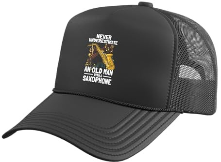 Old Man with a Saxophone Player Trucker Hat with Adjustable Mesh Back, Black